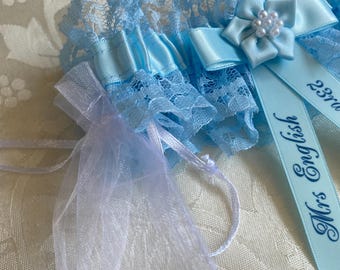 Personalized Blue Lace Wedding Garter with Keepsake Pouch
