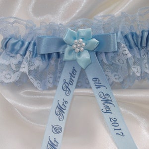 Personalised Blue Wedding Garter Handmade to order with name and wedding date Excellent Gift for the Bride Something Blue image 2