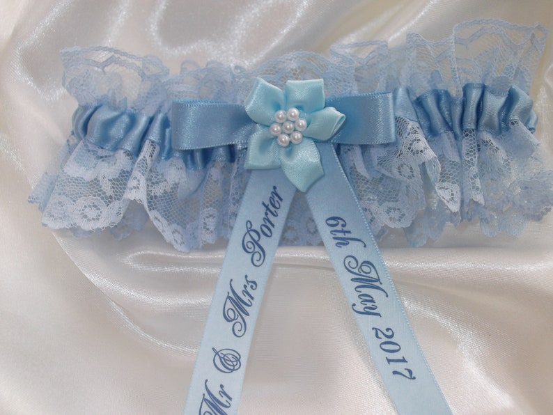 Personalised Blue Wedding Garter Handmade to order with name and wedding date Excellent Gift for the Bride Something Blue image 2