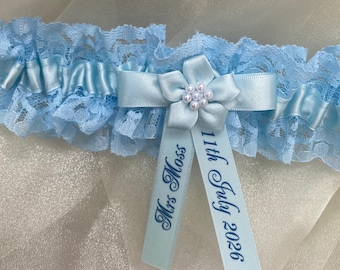 Personalised Blue Lace Wedding Garter – Handmade Personalized Bridal Gift Something Blue
