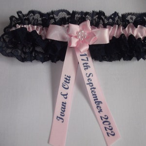 Personalised NAVY Blue & BABY PINK Wedding Garter Handmade to order with name and wedding date - Excellent Gift for the Bride Something Blue