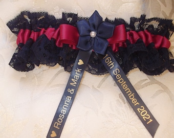 Personalised Claret and Navy Wedding Garter Handmade In UK With Name And Wedding Date  In Gold Excellent Gift For The Bride Something Blue