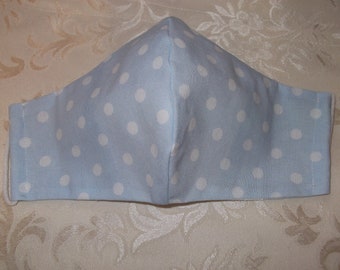 Face Mask Handmade Pale Blue Polka Dot Cotton Fabric With Filter Pocket Fitted Mask Washable Reusable Made In UK Face Covering