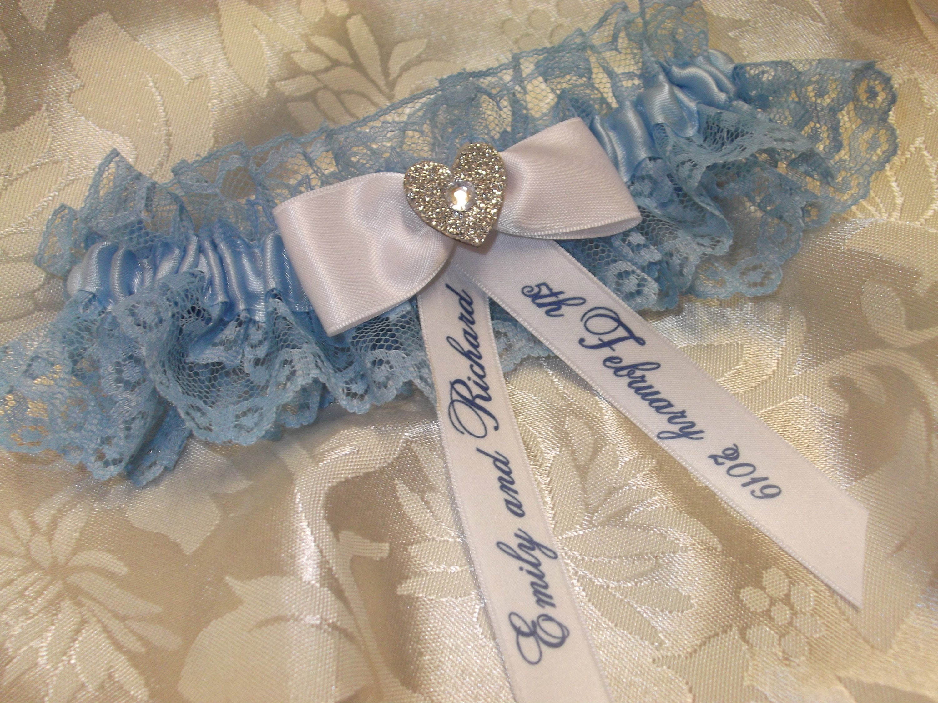 Bridal Wedding Garter Satin Blue Diamante Bow Heart Throw Keep Lace