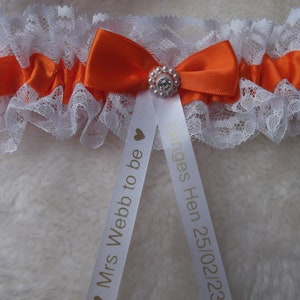 Personalised Orange Satin And White  Lace Wedding Garter Handmade in UK  Hen Party Gift -Excellent Gift for the Bride Bachelorette Gift