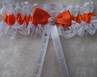 Personalised Orange Satin And White  Lace Wedding Garter Handmade in UK  Hen Party Gift -Excellent Gift for the Bride Bachelorette Gift