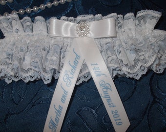 Personalised Layered Lace Wedding Garter Handmade to order with names and wedding date - Excellent Gift for the Bride Something Blue