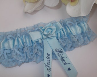 Personalised Handmade Blue Wedding Garter With Names Of Bride And Groom - Excellent Gift For The Bride's 'Something Blue'