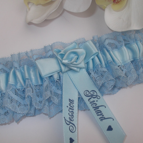 Personalised Handmade Blue Wedding Garter With Names Of Bride And Groom - Excellent Gift For The Bride's 'Something Blue'