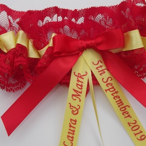 Personalised RED and YELLOW Spanish Themed  Wedding Garter Handmade to order with name and wedding date - Excellent Gift for the Bride