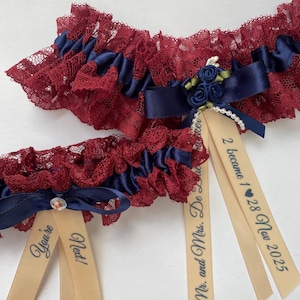 Personalised Burgundy And Navy Wedding Garter With Throw Garter Set Bridal Gift Something Blue