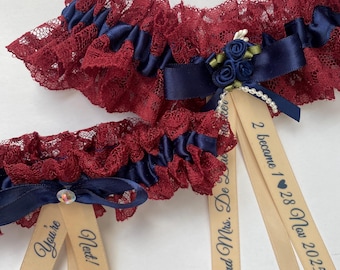 Ensemble jarretière de mariage personnalisé bordeaux et bleu marine avec jeté de jarretière cadeau de mariée quelque chose de bleu