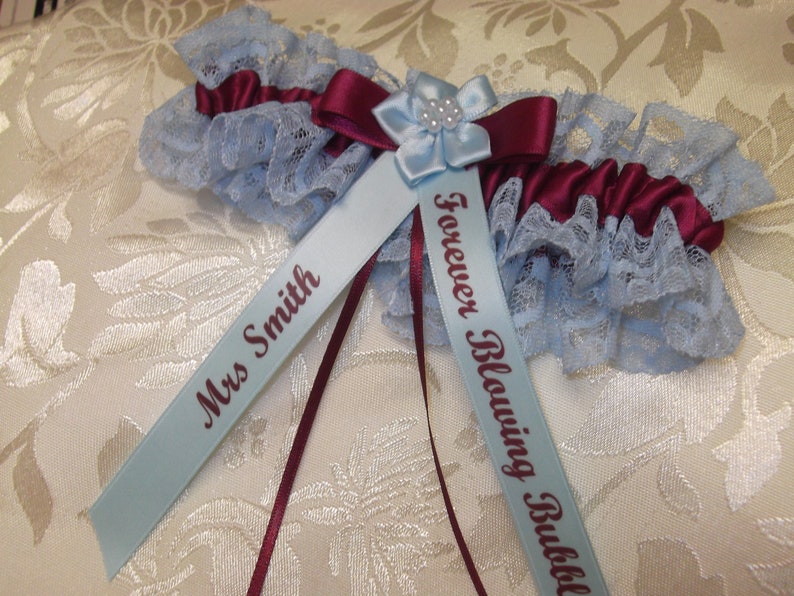 Personalised Claret And Blue Wedding Garter Burgundy And Blue Brides Garter zdjęcie 5