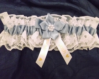 Personalised Dusky Blue Satin And Lace Wedding Garter Handmade in UK  with Personalised Names - Excellent Gift for the Bride Something Blue