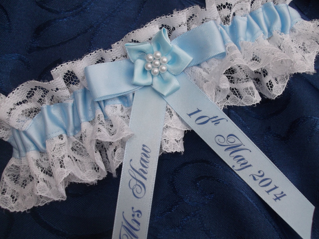 Blue Wedding Garter Personalised Something Blue Lace and Satin Brides