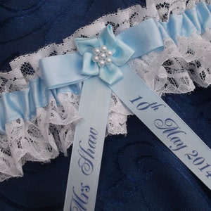 Blue Wedding Garter Personalised Something Blue Lace And Satin Brides Garter Belt Personalised Name And Wedding Date Bridal Hen Night Gift
