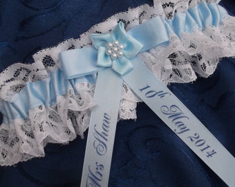 Blue Wedding Garter Personalised Something Blue Lace And Satin Brides Garter Belt Personalised Name And Wedding Date Bridal Hen Night Gift