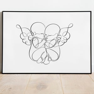 Twin Angel Babies Line Art | Digital Print Download | Wall Art Print | Infant Pregnancy Loss Print | Mother Illustration Gift