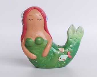 Whimsical Little Mermaid / Handmade Mermaid Figurine / OOAK Clay Art / Coastal Fantasy Decor / Collectible Sculpture