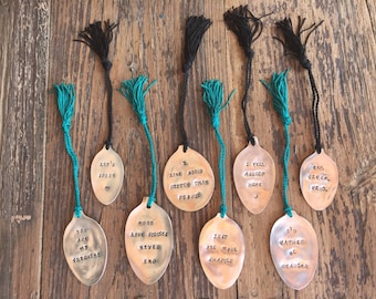 Spoon bookmark w/tassel, Hand stamped, Silverware gifts, Fork & spoon gifts