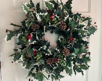 Artificial Holly Christmas Wreath. Winter Wreath with Variegated and Green Holly, Boxwood, Pine Cones, Red Berries, Faux Balsam Base.