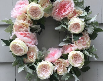 Beautiful Pale Pink and White Peony Wreath for Spring/Summer. "Just Picked" Cottage Garden Peony and Dusty Miller Grapevine Wreath. Romantic