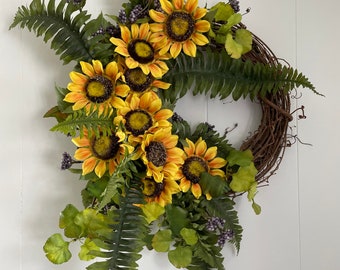 Summer / Fall Cottage Garden Sunflower Wreath. Natural Style Yellow and Green Front Door Wreath. Faux Sunflowers, Ferns, and Purple Berries.