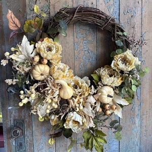 Romantic Antique Ivory Peony Fall Wreath. Peonies, Gourds, Eucalyptus & Pine Cones. Neutral Autumn Wreath. Elegant Fall Front Door Wreath.