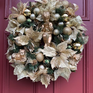 Gold Cherub Christmas Wreath. &quot;Sending Love for Christmas&quot; Wreath with Cherubs, Gold Poinsettias, Ornaments, Pine Cones. Elegant Gold Wreath
