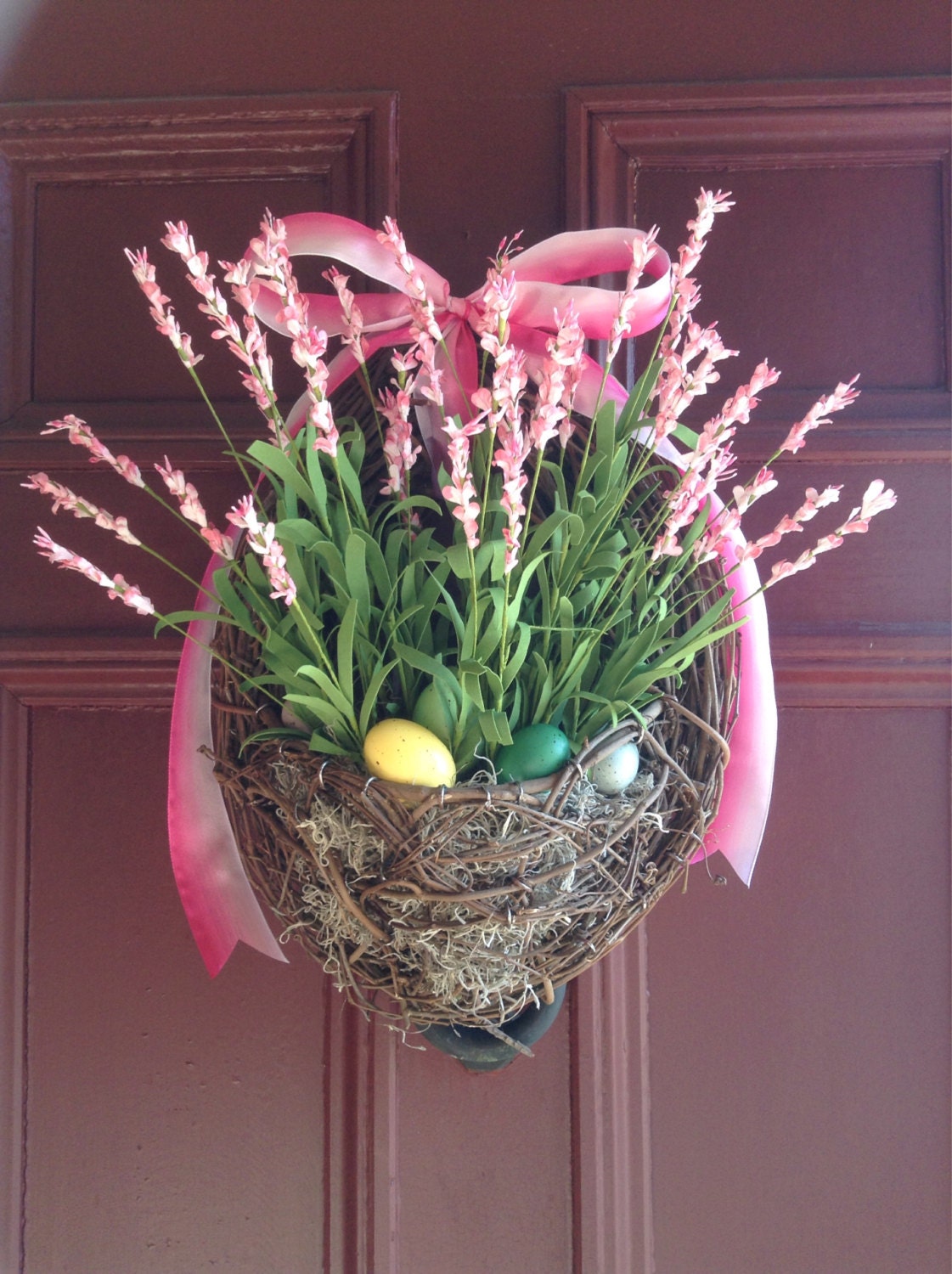 Springtime / Easter Grapevine Wall Basket with Pink Flowers Etsy