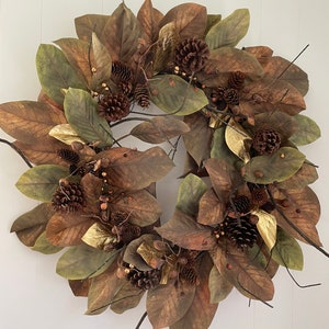 Autumn Harvest Magnolia Wreath. Fall Colors Magnolia Leaf Wreath with Pine Cones and Subtle Gold Accents. Thanksgiving Wreath. Large Size.