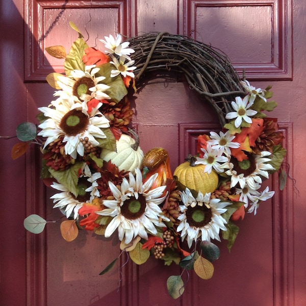 Autumn Floral Wreath with Ivory Sunflowers, Mums, Daisies, Fall Gourds and Pumpkins on a Grapevine Wreath. Fall Faux Flowers Wreath.