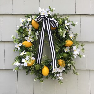 Happy Days Lemon and Lime Wreath. With Boxwood and White Dogwood. Black & White Striped Ribbon. Spring, Summer Designer Front Door Wreath.