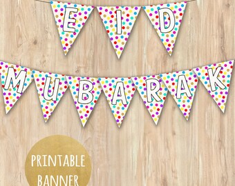 Printable EID Banner in Polkadots with Gold | Islamic Event/ Party Decor | Bunting, Artwork, Digital | Printable