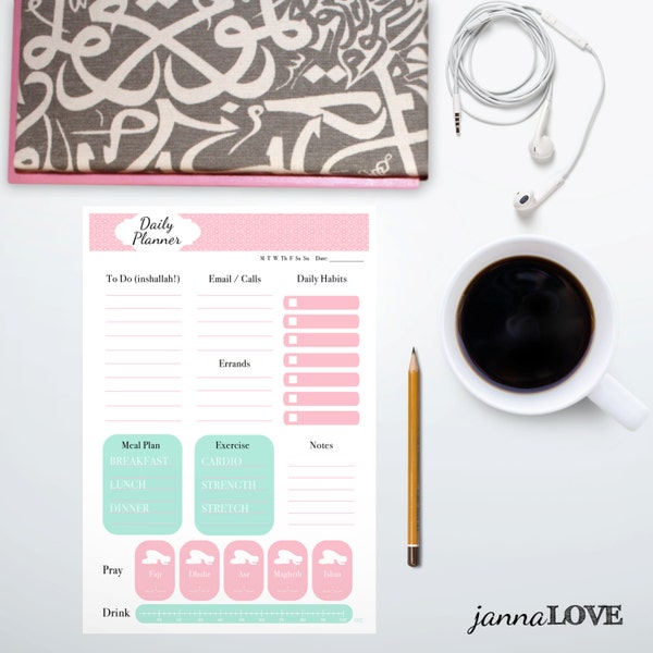 Day Planner Printable | Islamic Journal with To Do List, Daily Habits, Fitness Tracking, Prayer Times | 8.5"x11" | Instant PDF Download