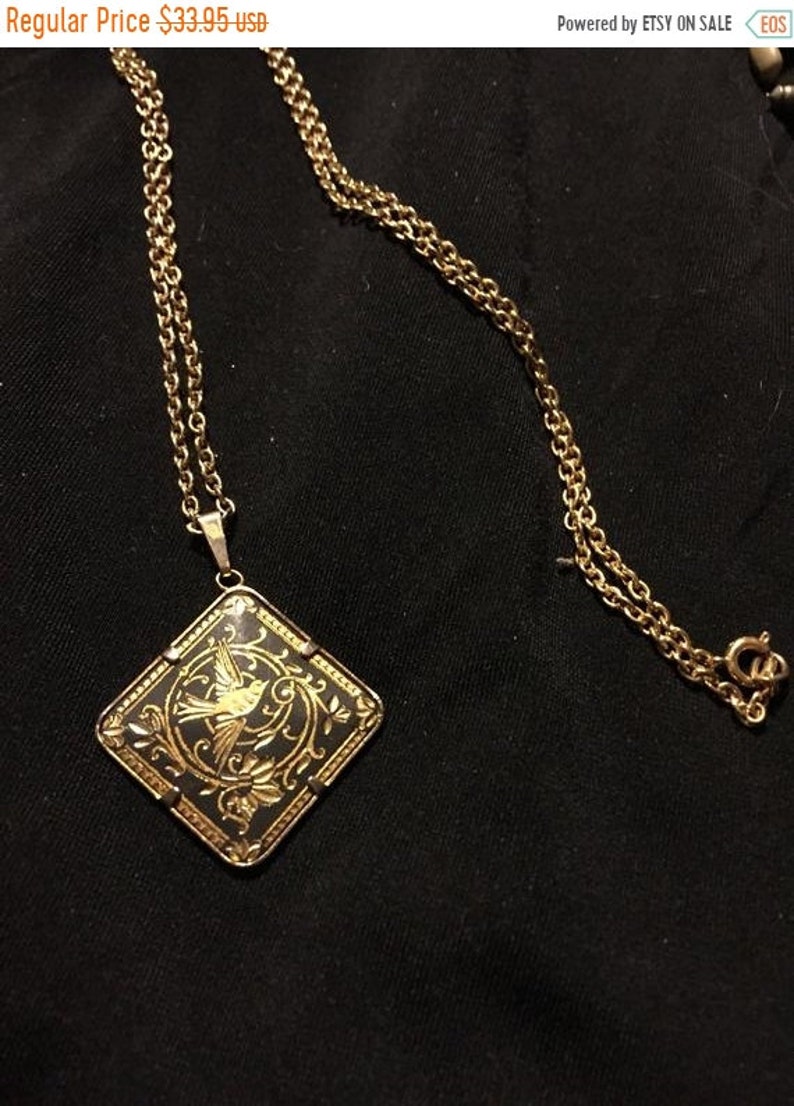 Damascene necklace Save 15/% Vtg square fob,22 inch chain collectible jewelry bird pendant costume jewelry blk gold jewelry