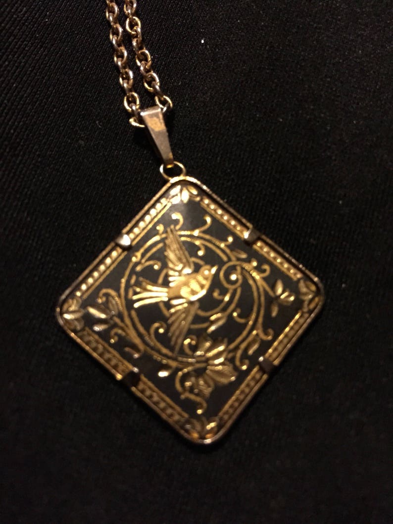 Damascene necklace Save 15/% Vtg square fob,22 inch chain collectible jewelry bird pendant costume jewelry blk gold jewelry