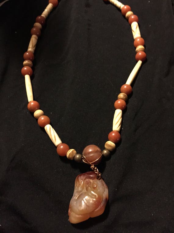Vtg, stone and bone, beaded necklace, carved bead,