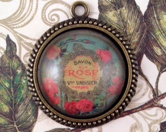 Vintage 19th Century Botanical Roses Small Bronze Pendant