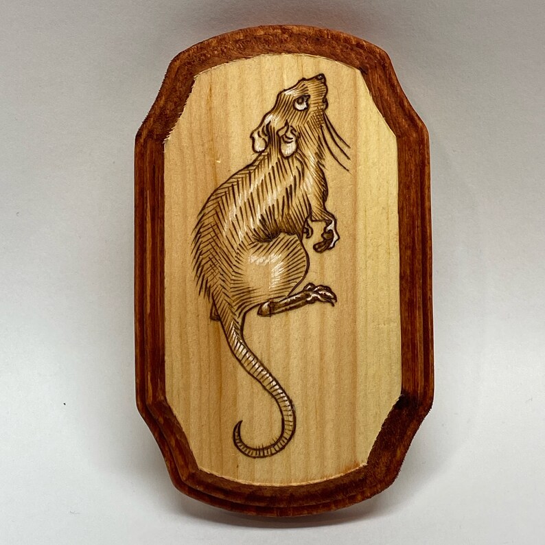 K&ouml;nnte beinhalten: Eine Holzplakette mit einem braunen Holzrahmen und einem detaillierten, ins Holz gebrannten Bild einer Ratte, die nach oben schaut.