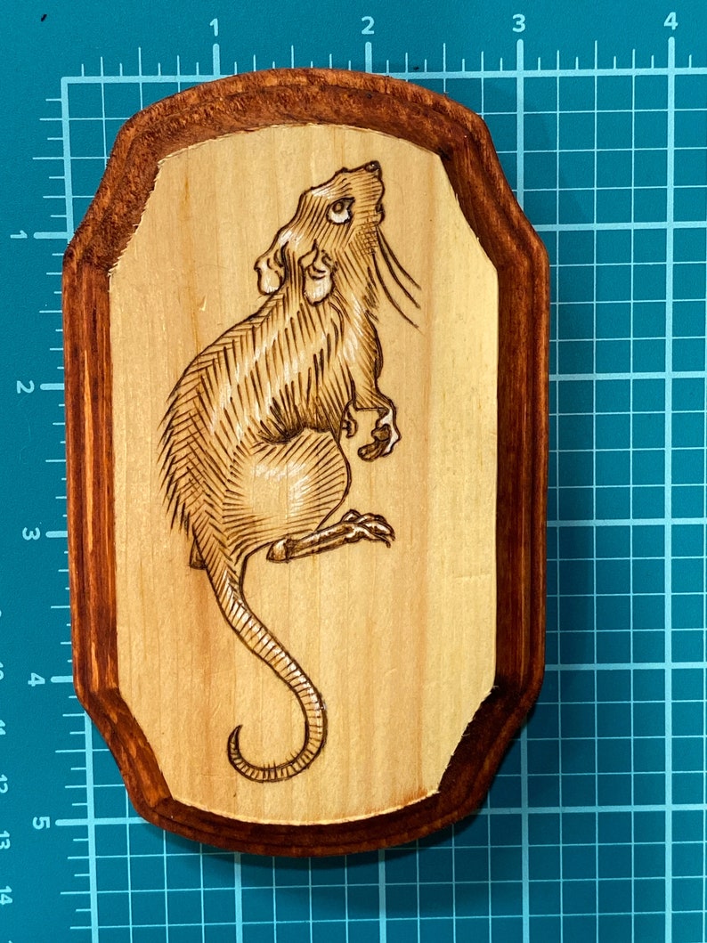 K&ouml;nnte beinhalten: Eine Holzplakette mit braunem Rahmen zeigt ein eingebranntes Bild einer Ratte, die nach oben schaut. Die Ratte ist mit Linien und Schattierungen detailliert.