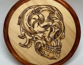 Ornate Skull Pyrography Round Wooden Plaque