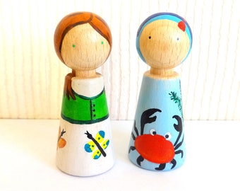 Wooden Hand Painted Dolls Set of 2 Colorful Dolls Small Wooden People Gift for Kids Waldorf  Toy Doll House Play Wooden Dolls Handmade Toy