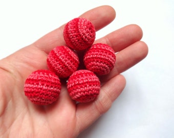 Crochet Red Wooden Beads Set of 5 Wooden Cotton Thread Covered Bead Craft Supplies Beech Wood Jewelry Making DIY Beads Wooden Pearl