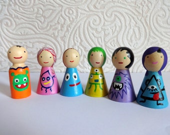 Wooden Peg Dolls Set of 6 Lovely Monster Dolls Toddler Toy Waldorf Natural Kids Toy Doll House Toy Developing Toy Colorful Small Dolls