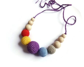 Crochet Colorful Linen Necklace Women's Jewelry Linen Jewelry Handmade Crochet Wooden Beads Natural Jewelry Gift For Women's