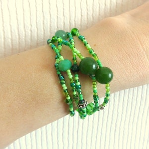 Green Seed Beads Wrap  Bracelet Stretchy Beaded Women&#39;s Bracelet Handmade Jewelry Gift for Her Wrap Bracelet 5 Times Around