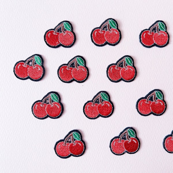 Set of Mini Cherry Patches, Cute Red Cherry Iron on Patch for T-shirt, Cloths Appilque Badge, Embroidered Cherry Embellishment