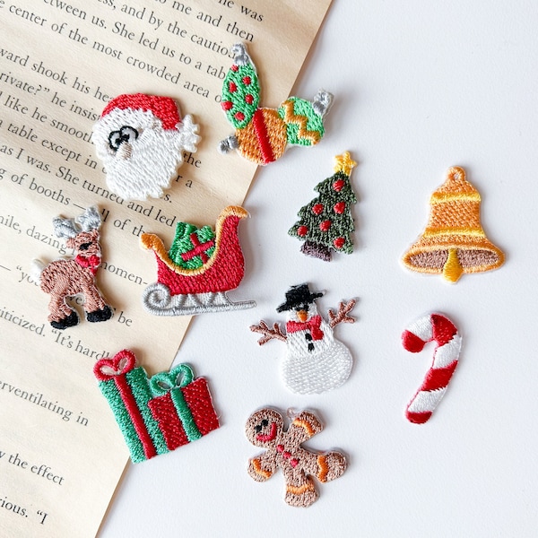 Set of 10 Christmas Mini Patches, Holiday Small Iron on Patches, Cute Embroidered Applique Craft for DIY Gifts, Patches for Shirt Bag Hat