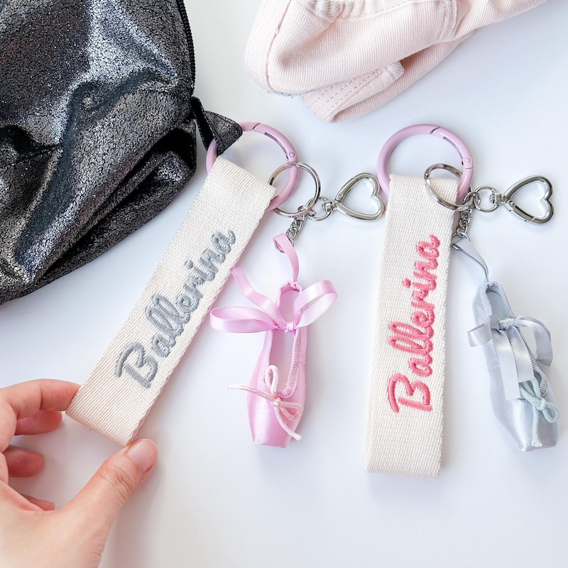 🎁Buy 2 FREE SHIPPING🎁Personalized Ballerina Backpack Name Tag Keychain with Ballet Shoes Charm, Custom Strap for Girls, Ballet Gift Bag Tag